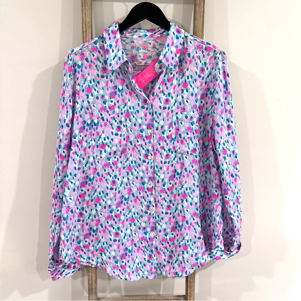 Lilly Pulitzer Linen Button Down Top  Sea View Hottie Dottie Size Large NWT